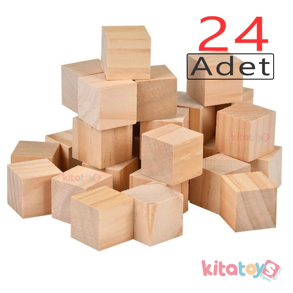 Doğal Ahşap Küp Bloklar 4 cm 24'Lü Natürel